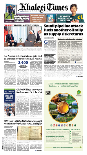 Prima pagina Khaleej Times di oggi - Quotidiano estero