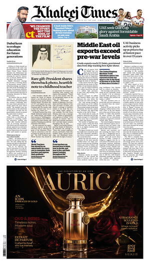 Prima pagina Khaleej Times di oggi - Quotidiano estero