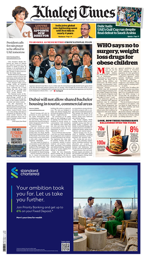Prima pagina Khaleej Times di oggi - Quotidiano estero
