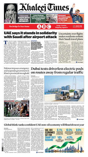 Prima pagina Khaleej Times di oggi - Quotidiano estero