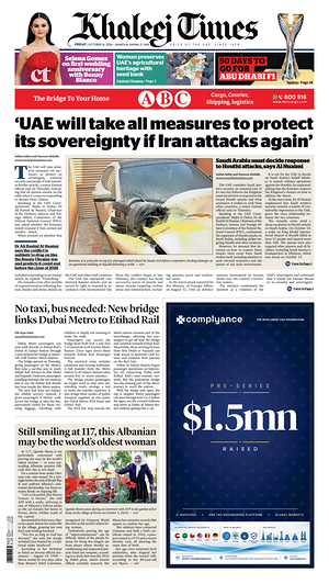 Prima pagina Khaleej Times di oggi - Quotidiano estero
