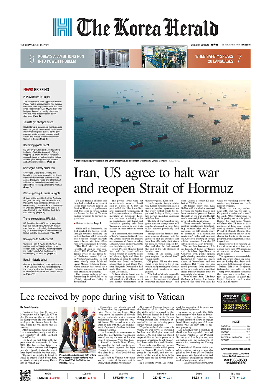 Portada The Korea Herald de hoy - Quiosco 16 junio 2026