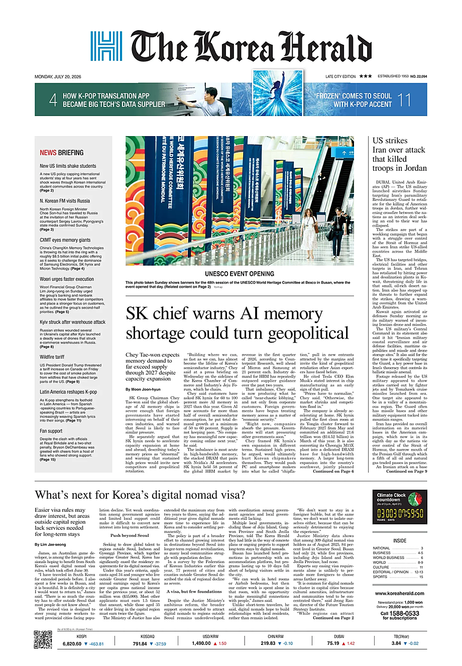 Prima pagina The Korea Herald di oggi - Edicola 20 Luglio 2026