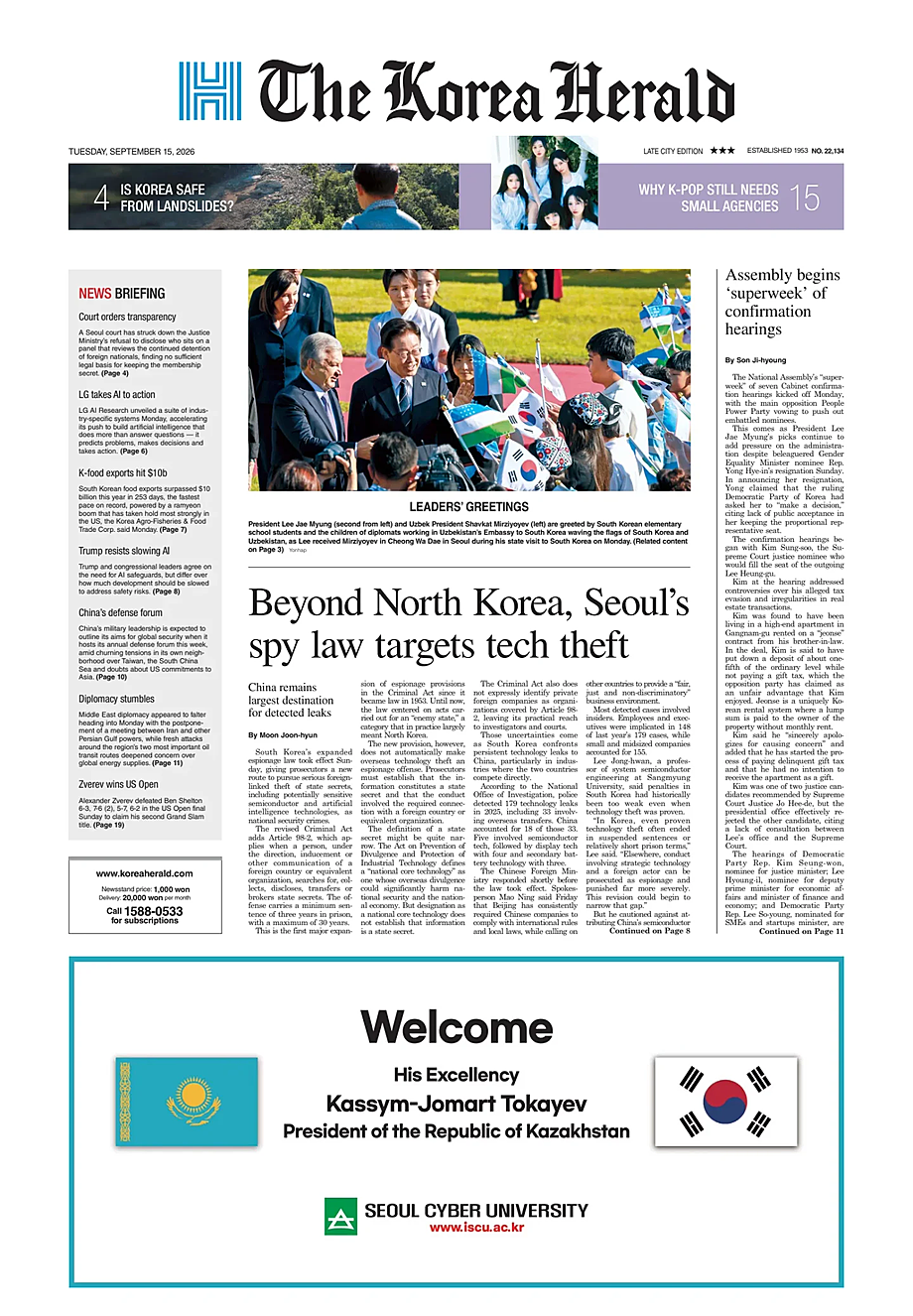 Portada The Korea Herald de hoy - Quiosco 15 septiembre 2026