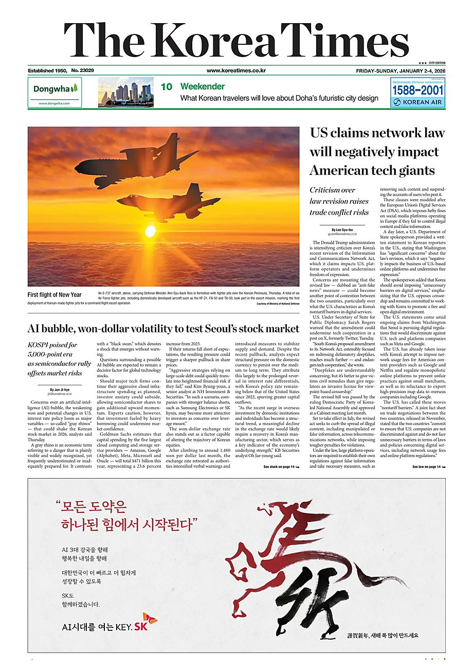 Prima pagina The Korea Times di oggi - Edicola 24 Gennaio 2026