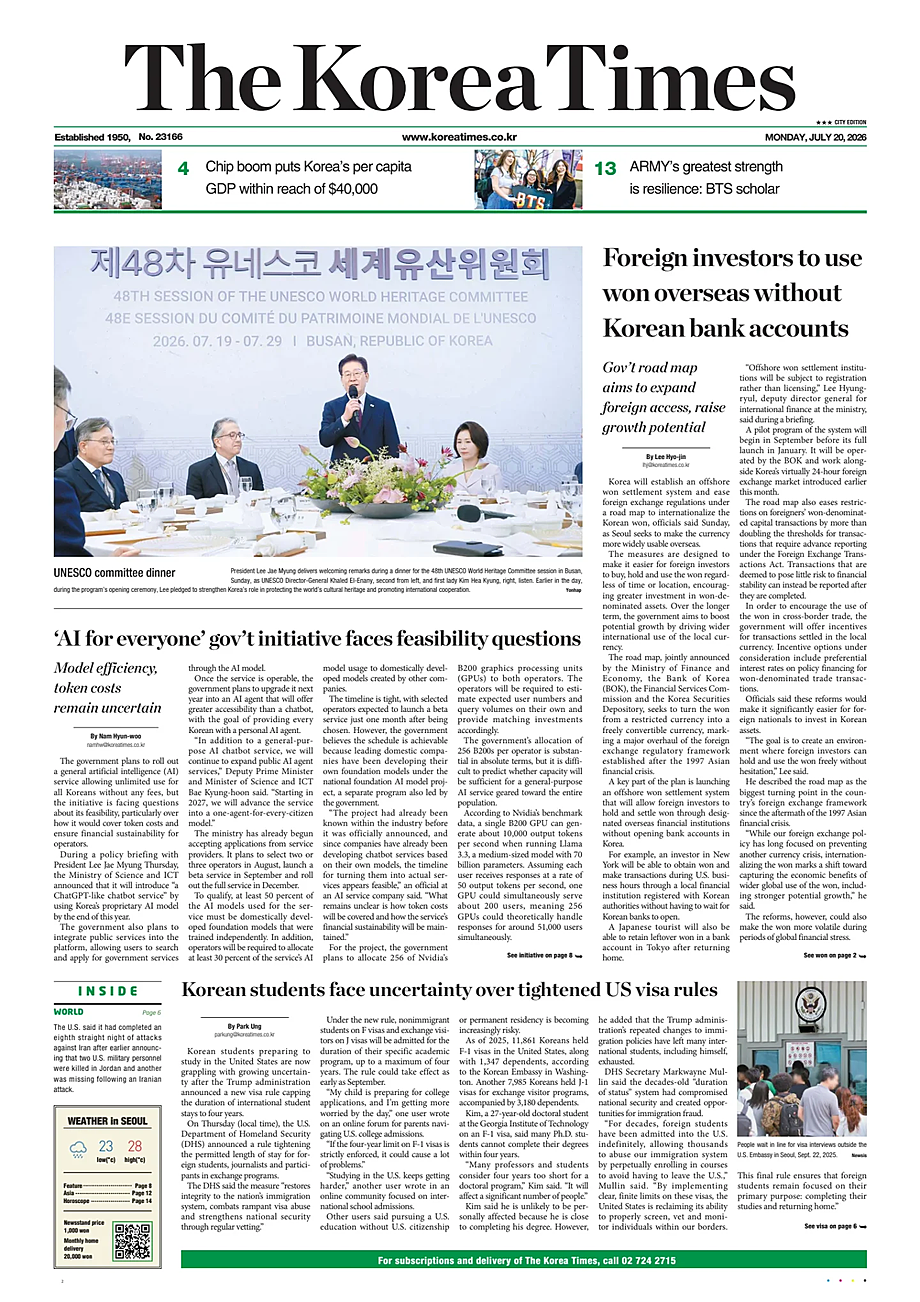Prima pagina The Korea Times di oggi - Edicola 20 Luglio 2026