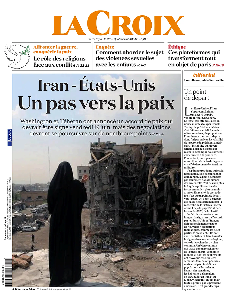 Une de La Croix du jour - Presse 16 juin 2026