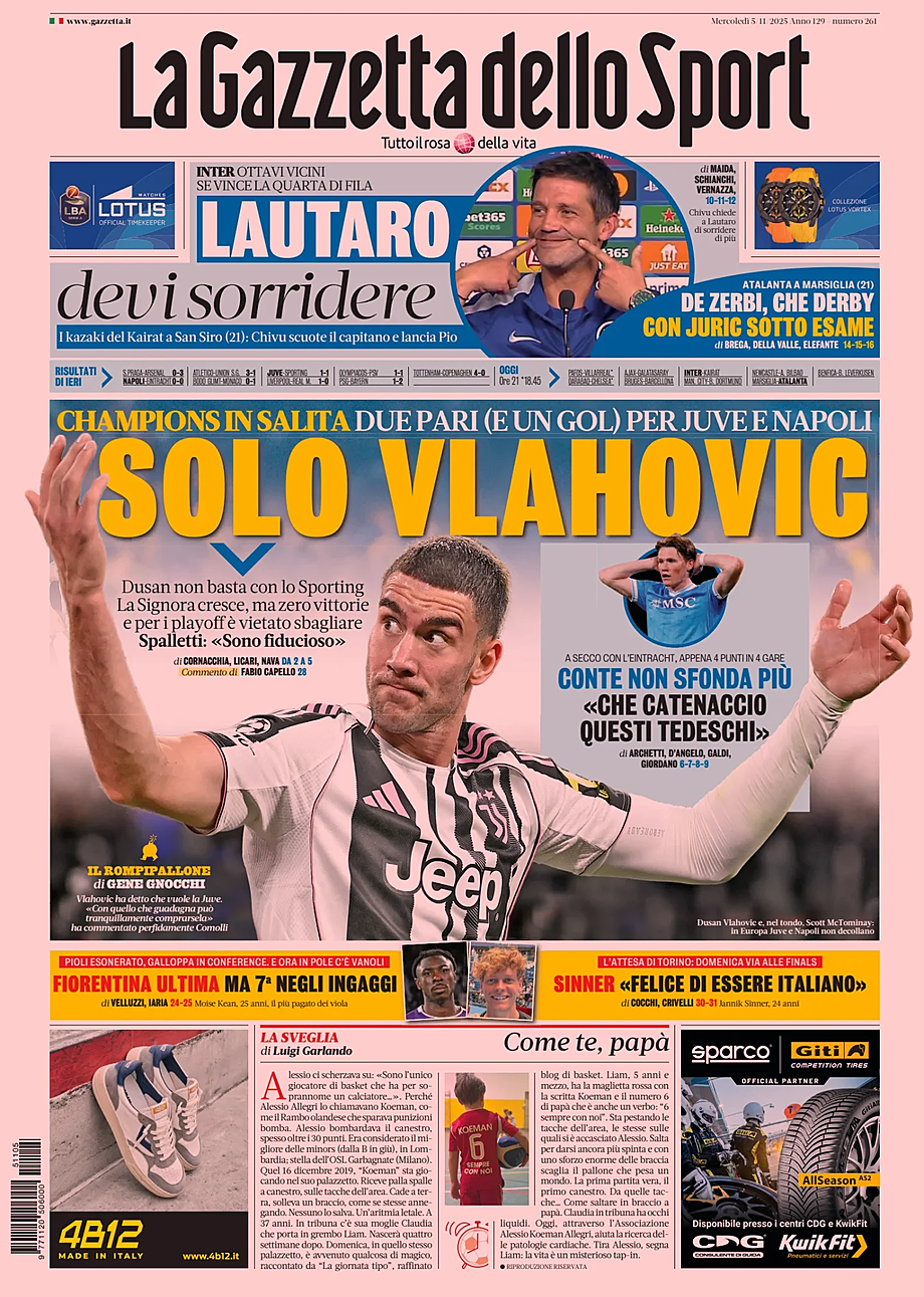 Prima pagina La Gazzetta dello Sport di oggi - Edicola 5 Novembre 2025