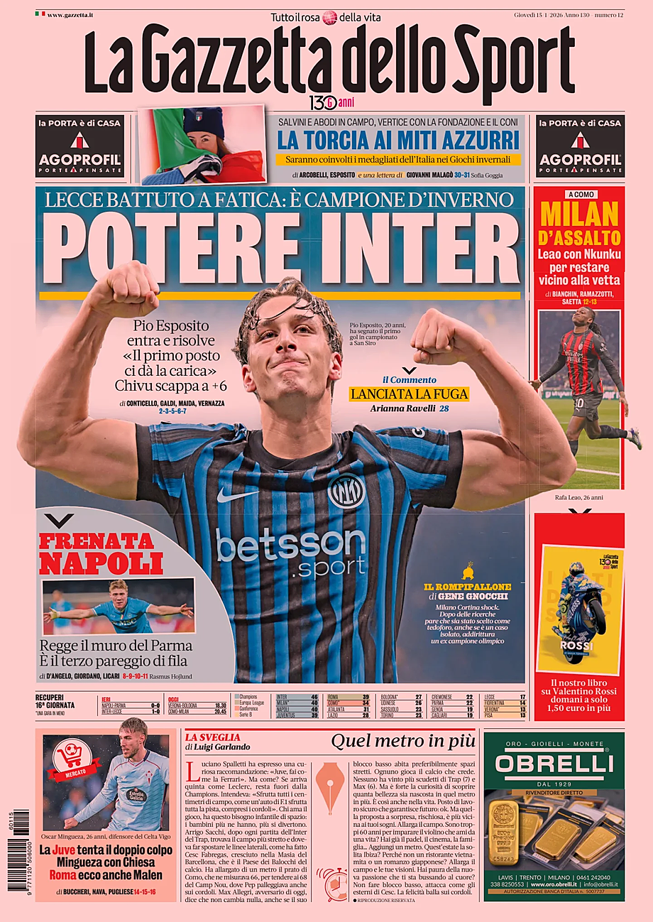 Prima pagina La Gazzetta dello Sport di oggi - Edicola 15 Gennaio 2026