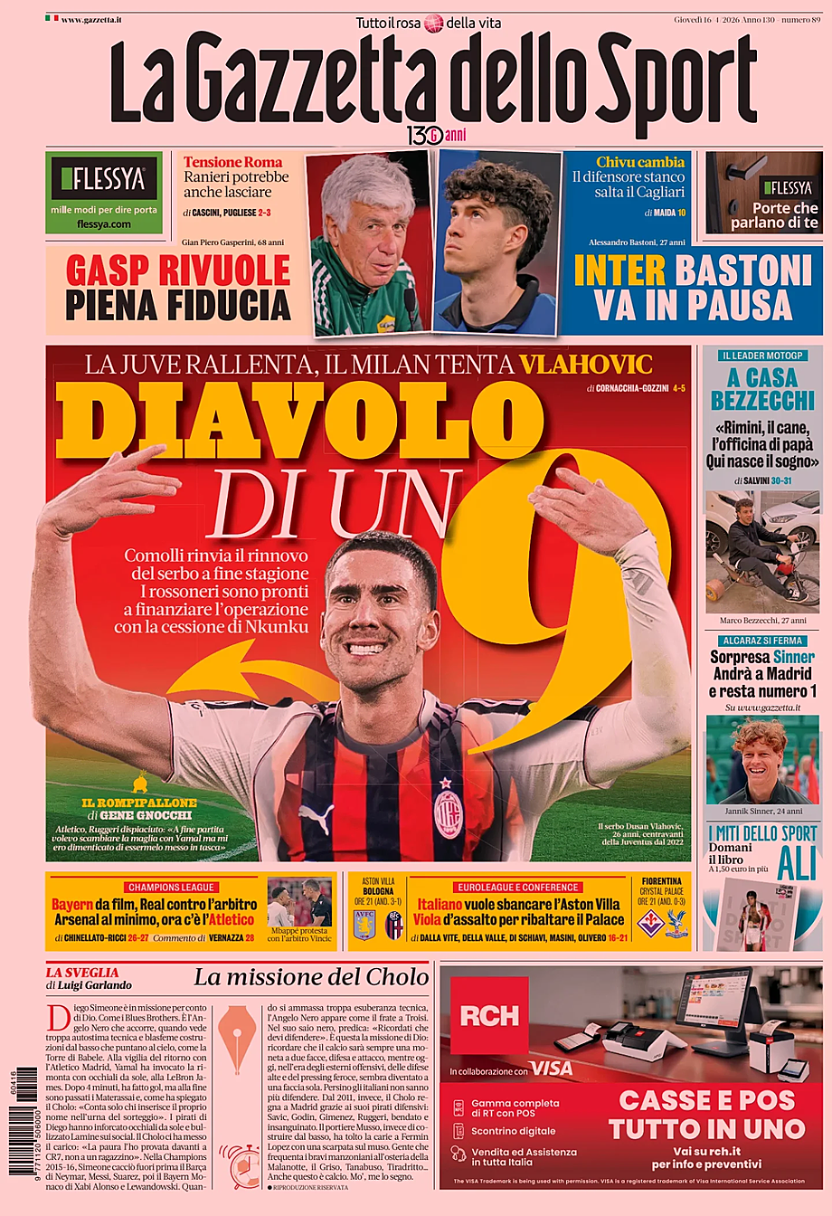 Prima pagina La Gazzetta dello Sport di oggi - Edicola 16 Aprile 2026
