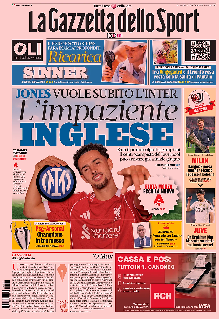 Prima pagina La Gazzetta dello Sport di oggi - Edicola 30 Maggio 2026