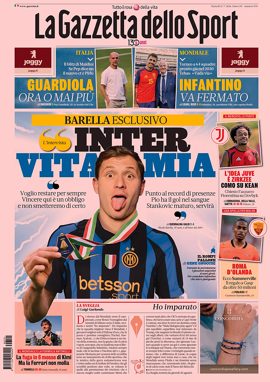 Prima pagina La Gazzetta dello Sport di oggi - Edicola 21 Luglio 2026