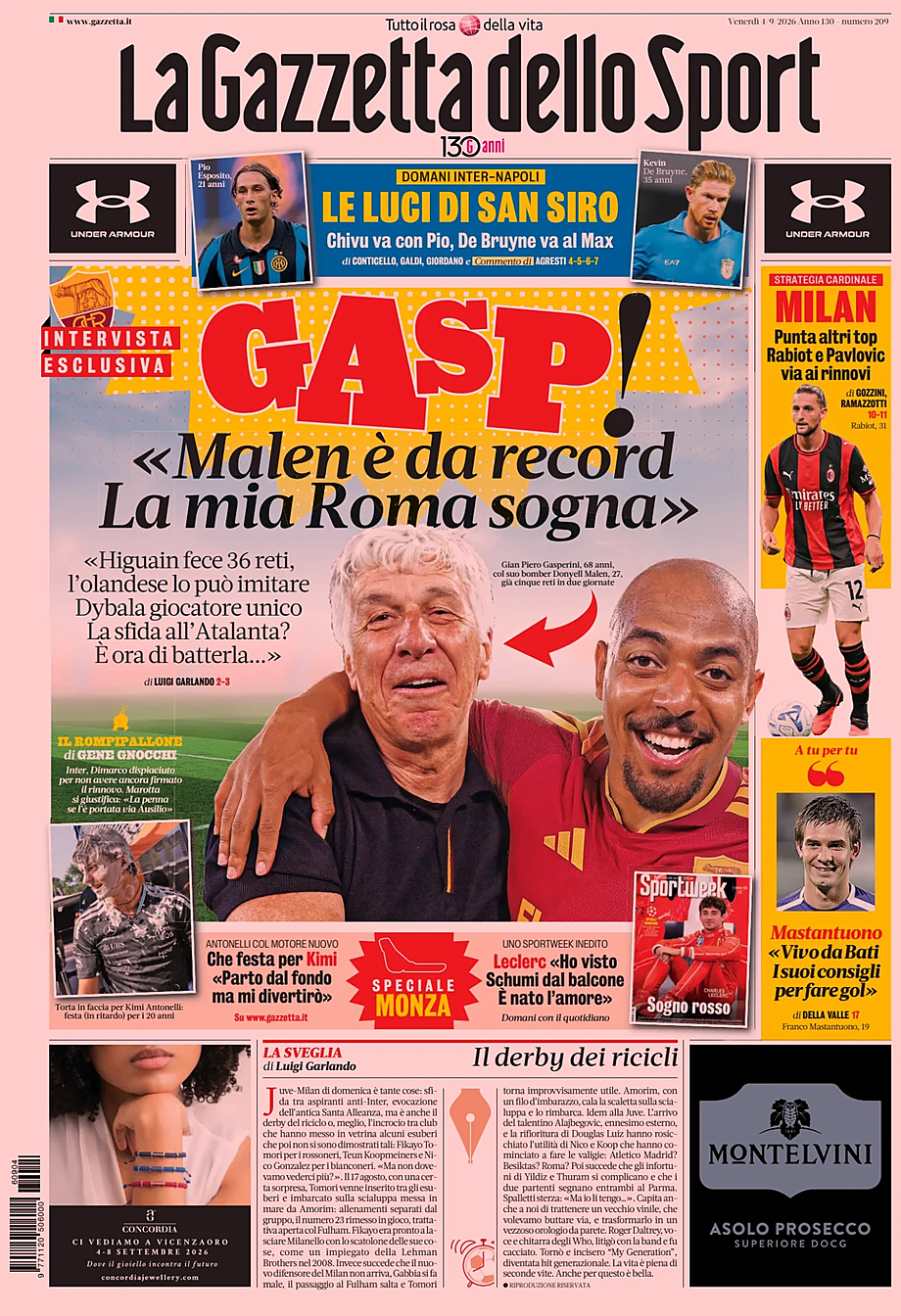 Prima pagina La Gazzetta dello Sport di oggi - Edicola 4 Settembre 2026