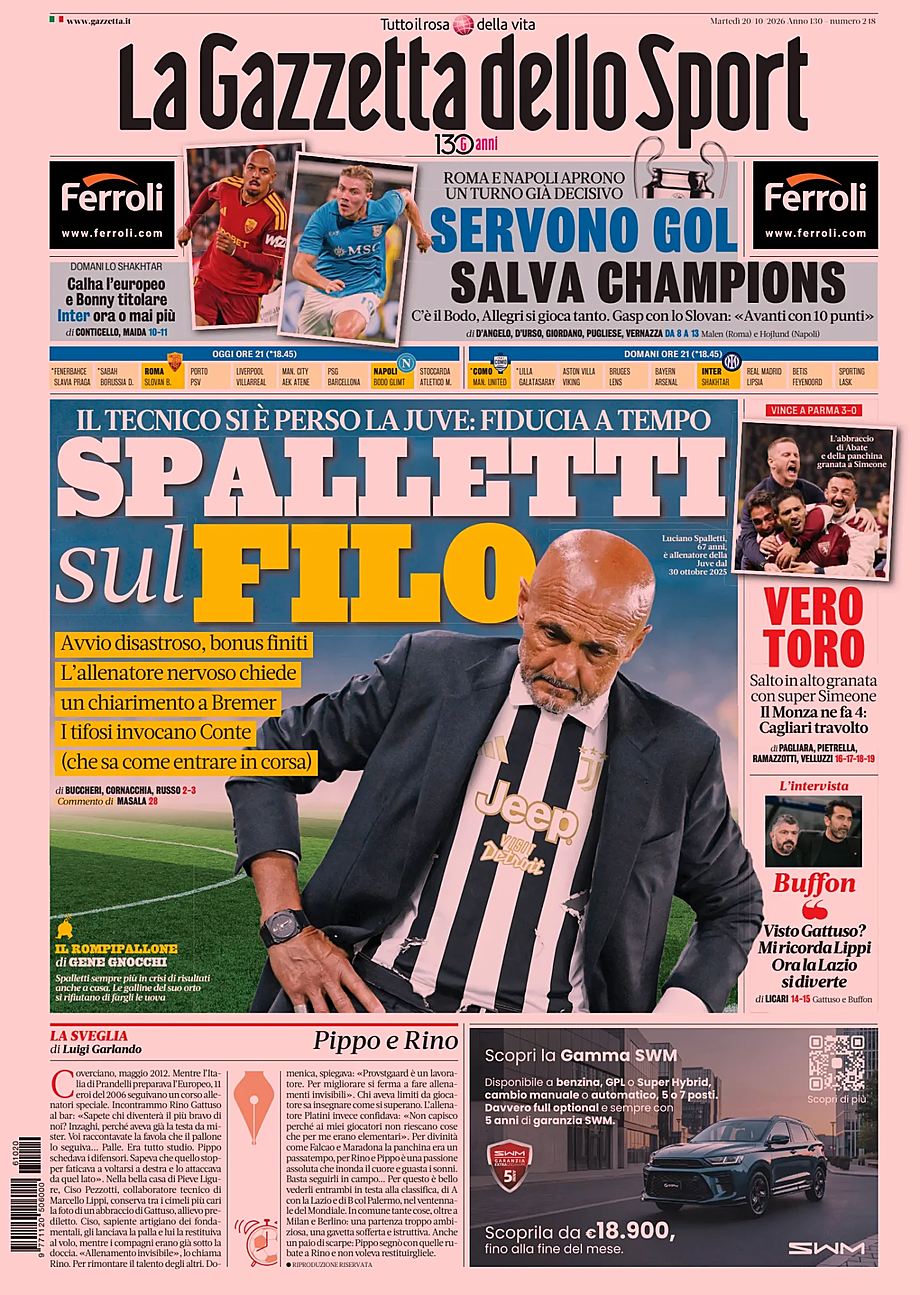 Prima pagina La Gazzetta dello Sport di oggi - Edicola 20 Ottobre 2026