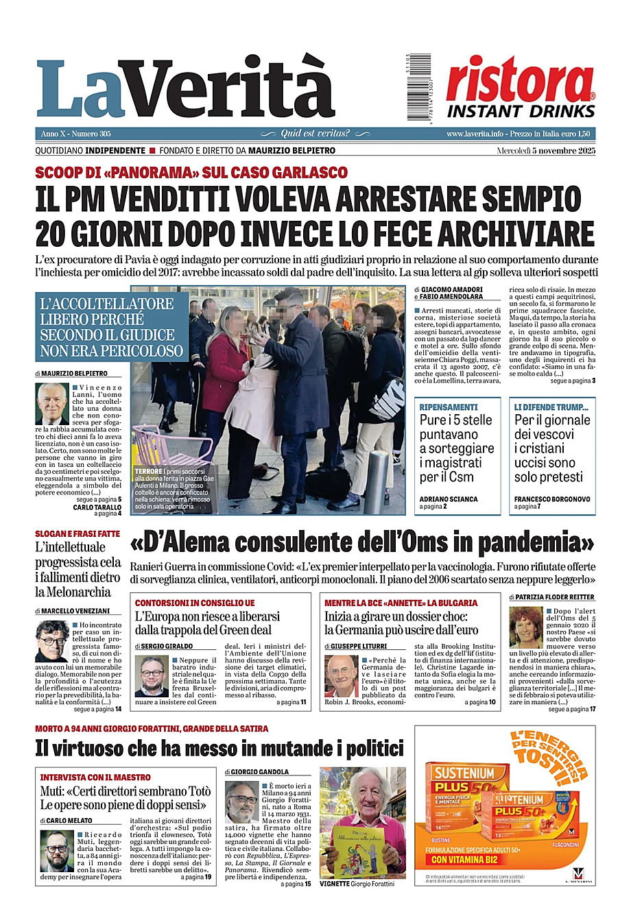 Prima pagina La VeritÃ  di oggi - Edicola 5 Novembre 2025