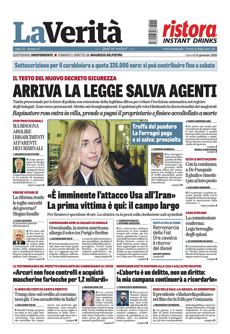 Prima pagina La VeritÃ  di oggi - Edicola 15 Gennaio 2026
