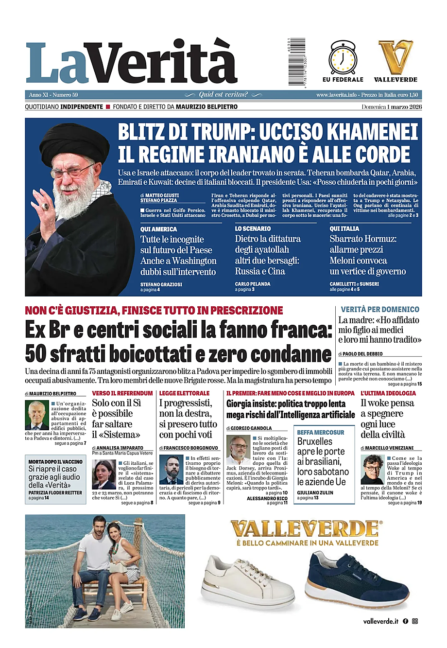 Prima pagina La VeritÃ  di oggi - Edicola 1 Marzo 2026
