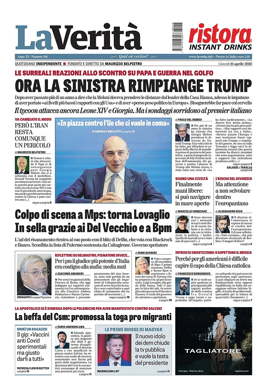 Prima pagina La VeritÃ  di oggi - Edicola 16 Aprile 2026