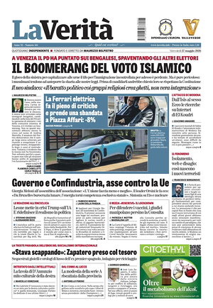 Prima pagina La Verità di oggi - Quotidiano nazionale