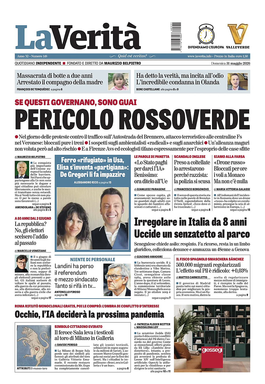 Prima pagina La Verità di oggi - Edicola 31 Maggio 2026