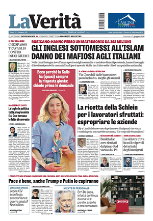 Prima pagina La Verità di oggi - Quotidiano nazionale