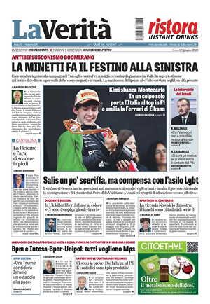 Prima pagina La Verità di oggi - Quotidiano nazionale