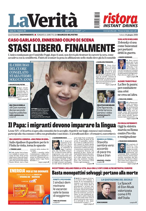 Prima pagina La Verità di oggi - Quotidiano nazionale