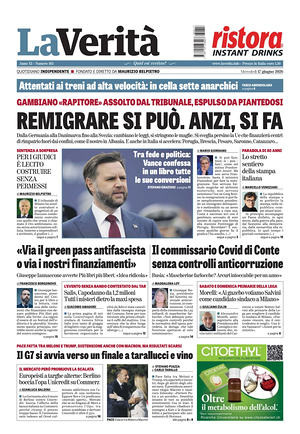 Prima pagina La Verità di oggi - Quotidiano nazionale