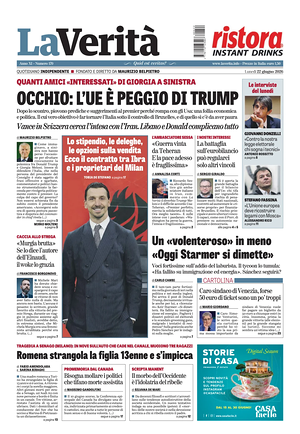 Prima pagina La Verità di oggi - Quotidiano nazionale