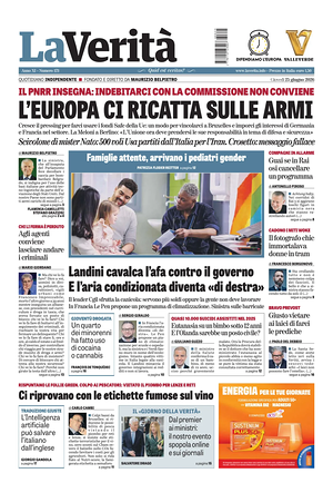 Prima pagina La Verità di oggi - Quotidiano nazionale