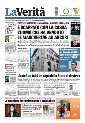 Prima pagina La Verità di oggi - Quotidiano nazionale