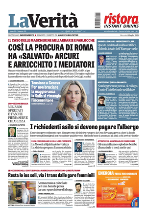 Prima pagina La Verità di oggi - Quotidiano nazionale