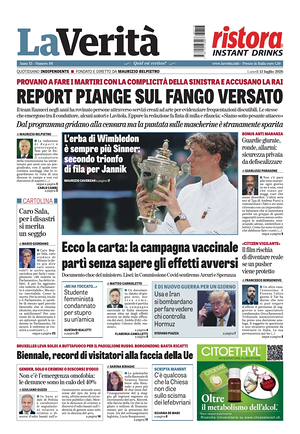 Prima pagina La Verità di oggi - Quotidiano nazionale