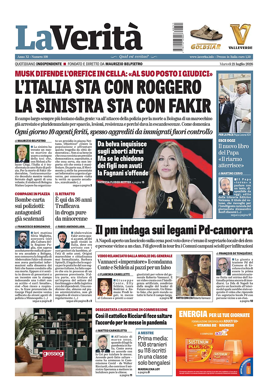 Prima pagina La Verità di oggi - Edicola 21 Luglio 2026