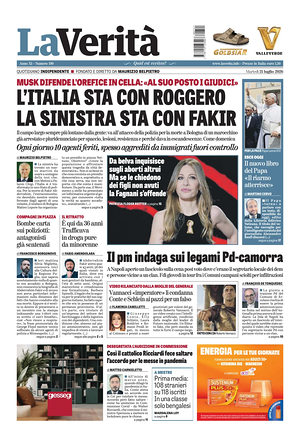 Prima pagina La Verità di oggi - Quotidiano nazionale
