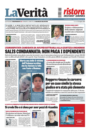 Prima pagina La Verità di oggi - Quotidiano nazionale