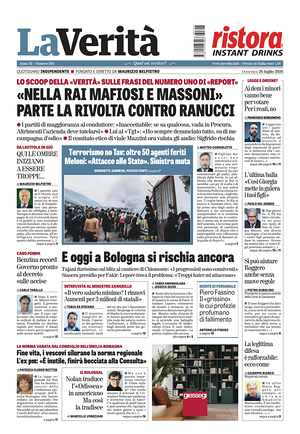 Prima pagina La Verità di oggi - Quotidiano nazionale