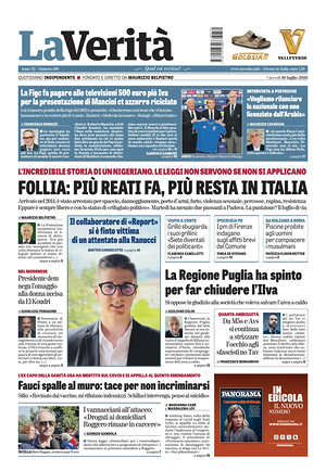 Prima pagina La Verità di oggi - Quotidiano nazionale