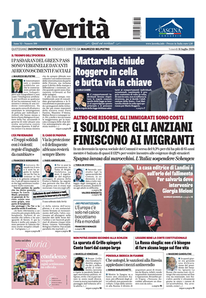 Prima pagina La Verità di oggi - Quotidiano nazionale