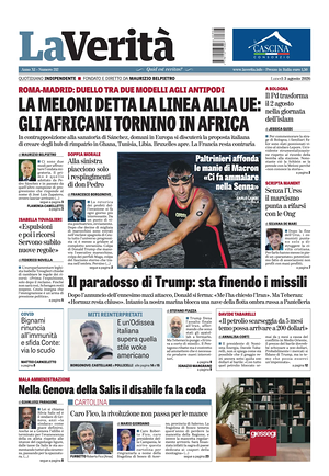 Prima pagina La Verità di oggi - Quotidiano nazionale