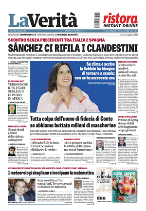 Prima pagina La Verità di oggi - Quotidiano nazionale