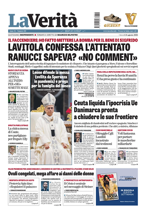 Prima pagina La Verità di oggi - Quotidiano nazionale