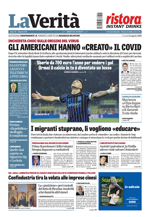 Prima pagina La Verità di oggi - Quotidiano nazionale