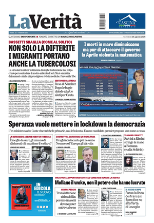 Prima pagina La Verità di oggi - Quotidiano nazionale