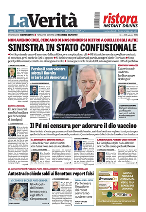 Prima pagina La Verità di oggi - Quotidiano nazionale
