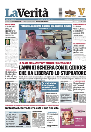 Prima pagina La Verità di oggi - Quotidiano nazionale