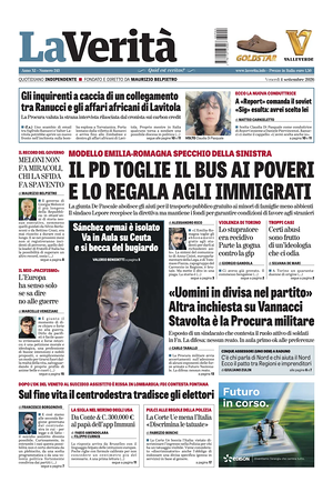 Prima pagina La Verità di oggi - Quotidiano nazionale
