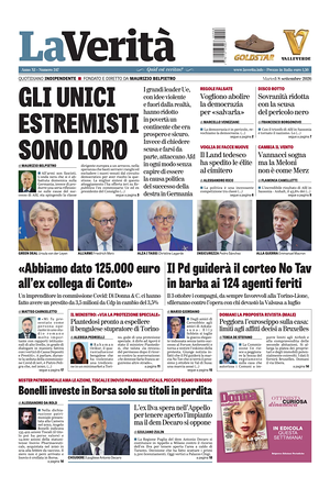 Prima pagina La Verità di oggi - Quotidiano nazionale