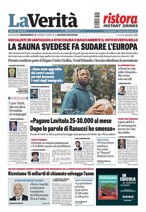 Prima pagina La Verità di oggi - Quotidiano nazionale