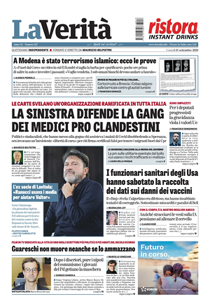 Prima pagina La Verità di oggi - Quotidiano nazionale
